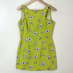 Vtg Daisy Floral Mini Go Go Dress Retro Mod MCM Dayglo Chartreuse Lime Green
